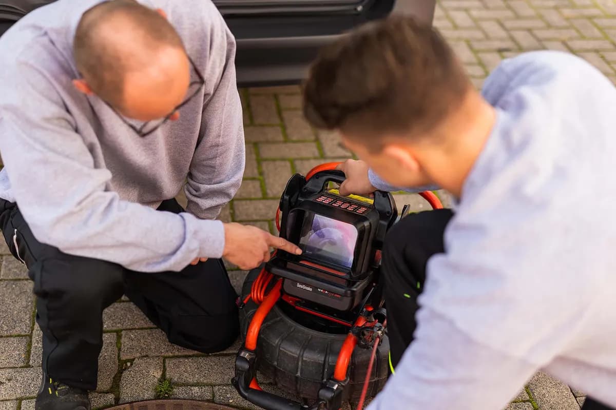 Zwei Techniker werten das Kamerabild am Monitor aus