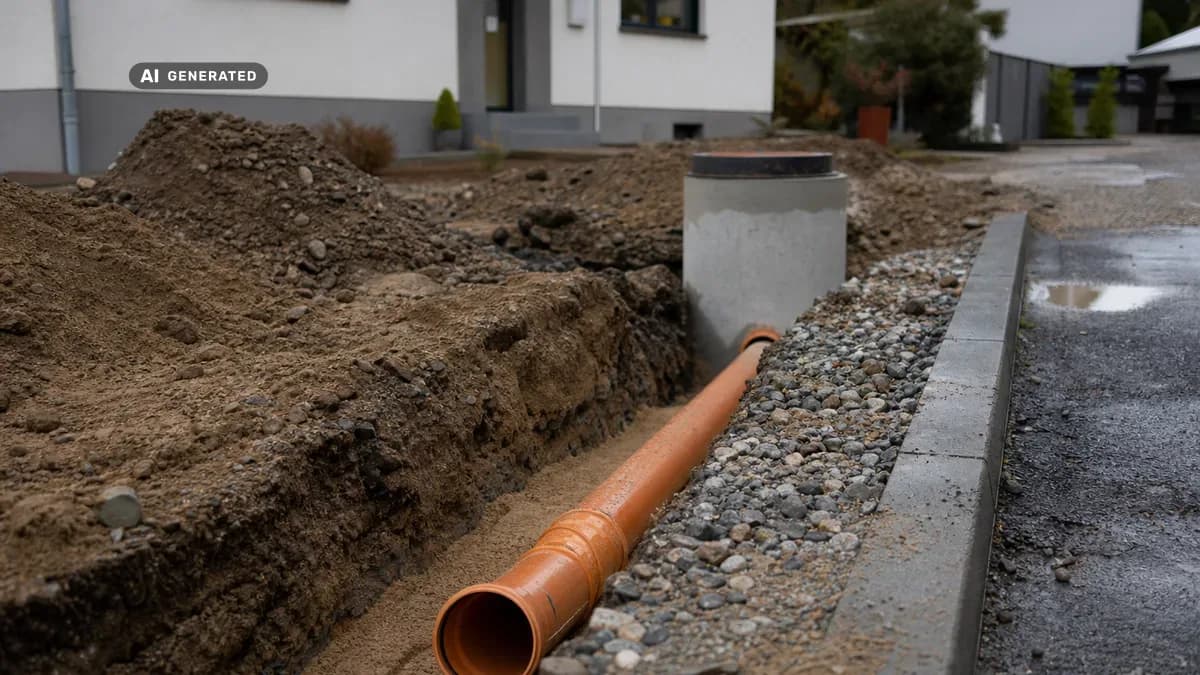 KI-generiertes Bild: Geöffnete Baugrube vor einem Einfamilienhaus am Stadtrand, darin ein frisch verlegtes Kanalrohr für den Hausanschluss und ein Kontrollschacht an der Grundstücksgrenze